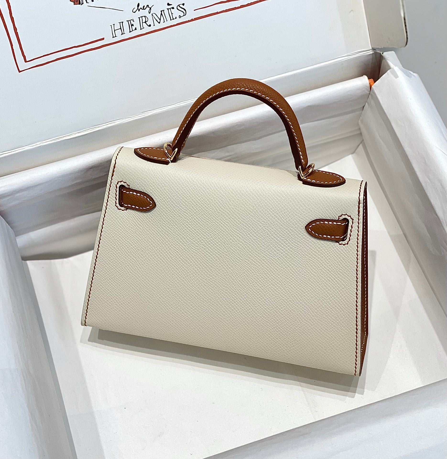 HM MINI KELLY 19CM CREAM GOLD EPSOM SILVER HARDWARE
