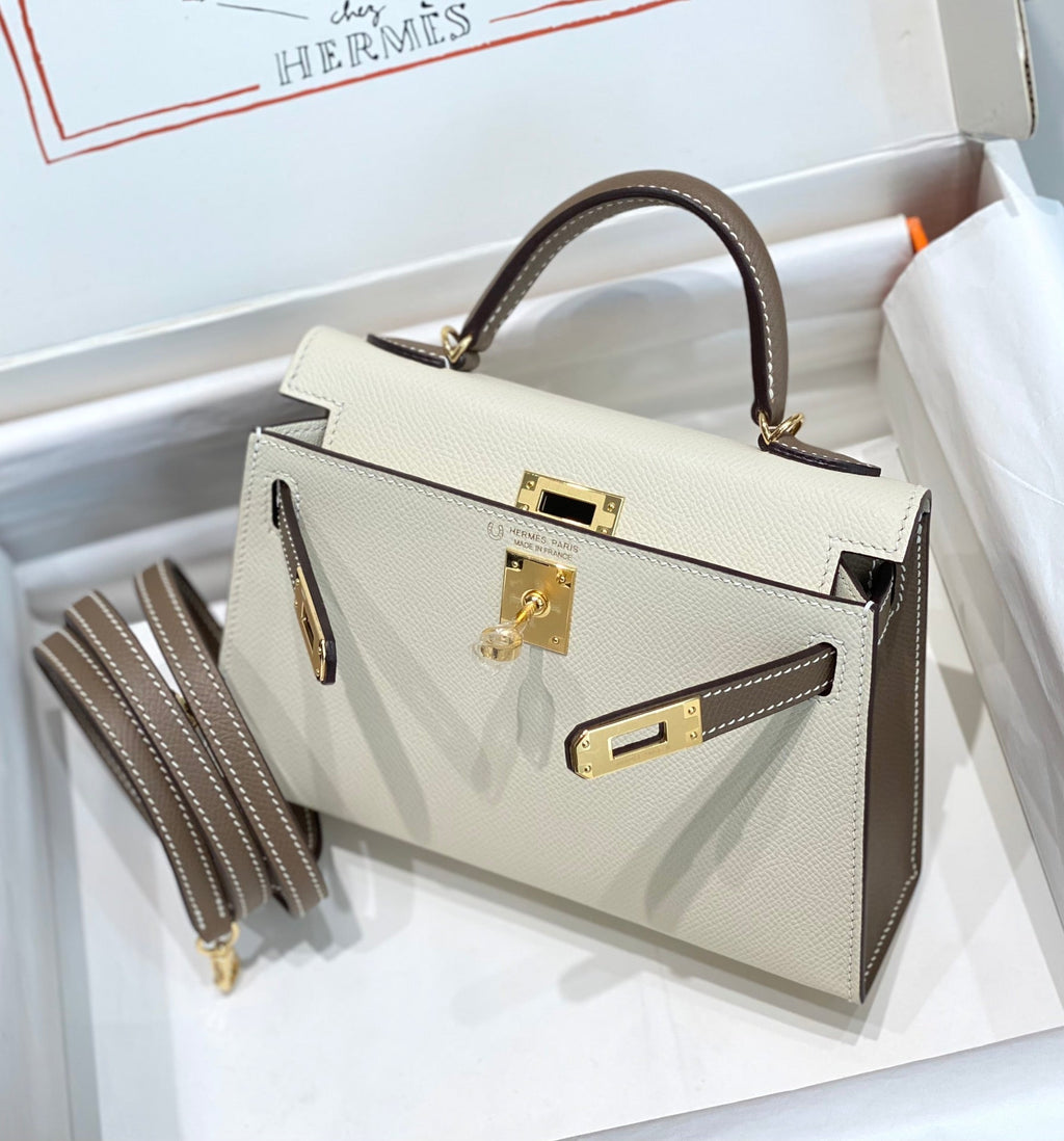 HM ミニ ケリー 19cm クリーム エトゥープ エプソム ゴールド金具