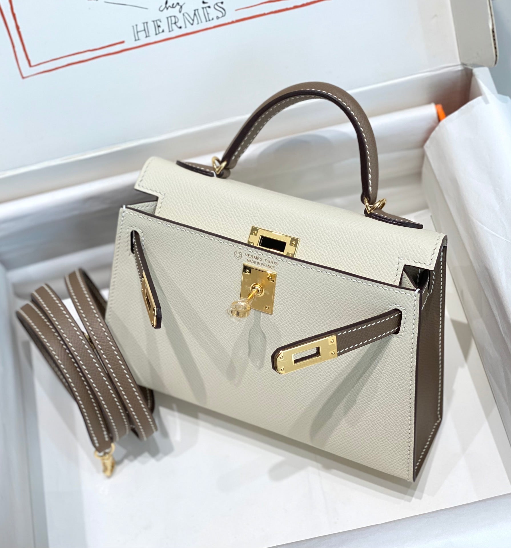 HM ミニ ケリー 19cm クリーム エトゥープ エプソム ゴールド金具