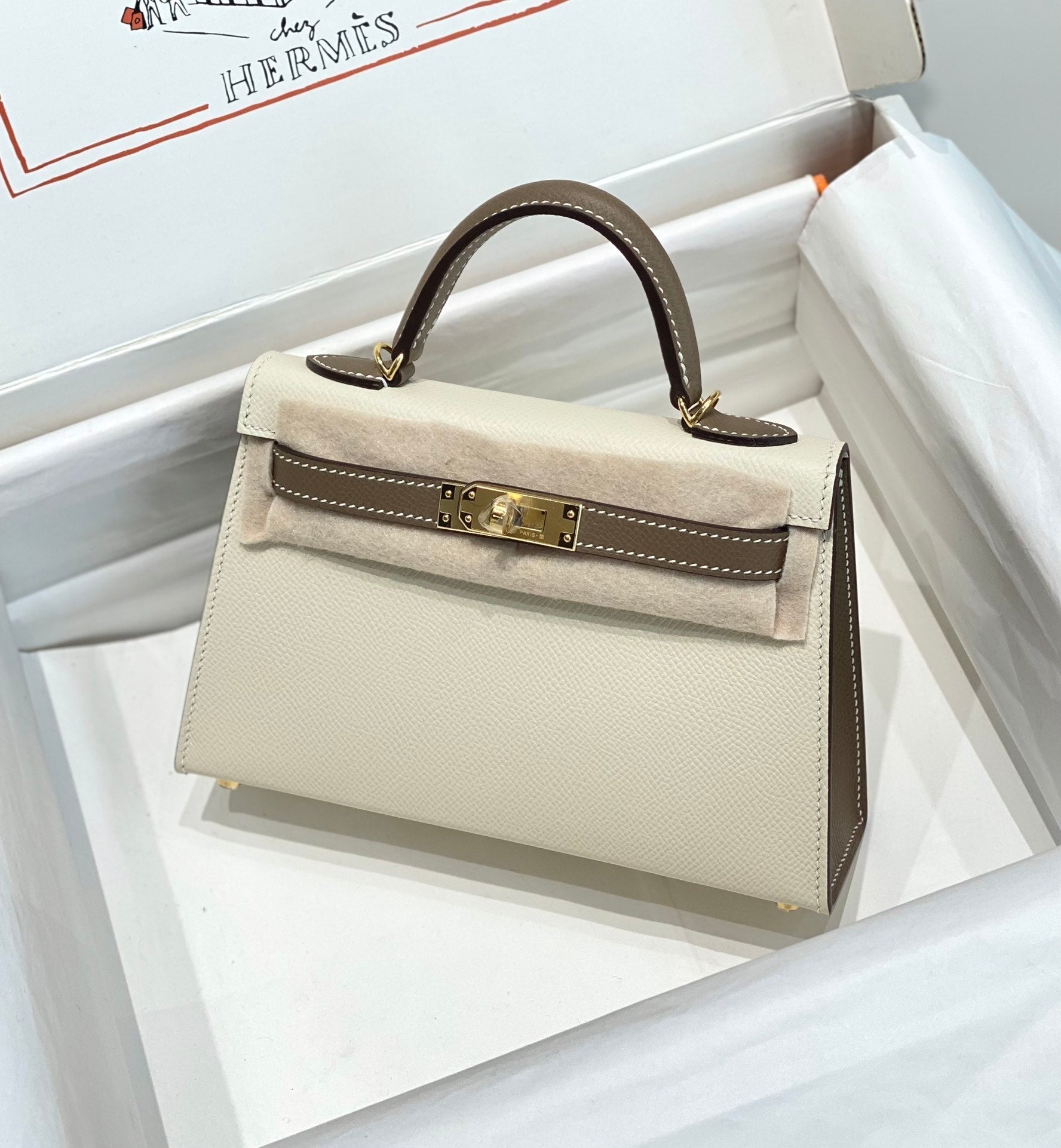 HM ミニ ケリー 19cm クリーム エトゥープ エプソム ゴールド金具