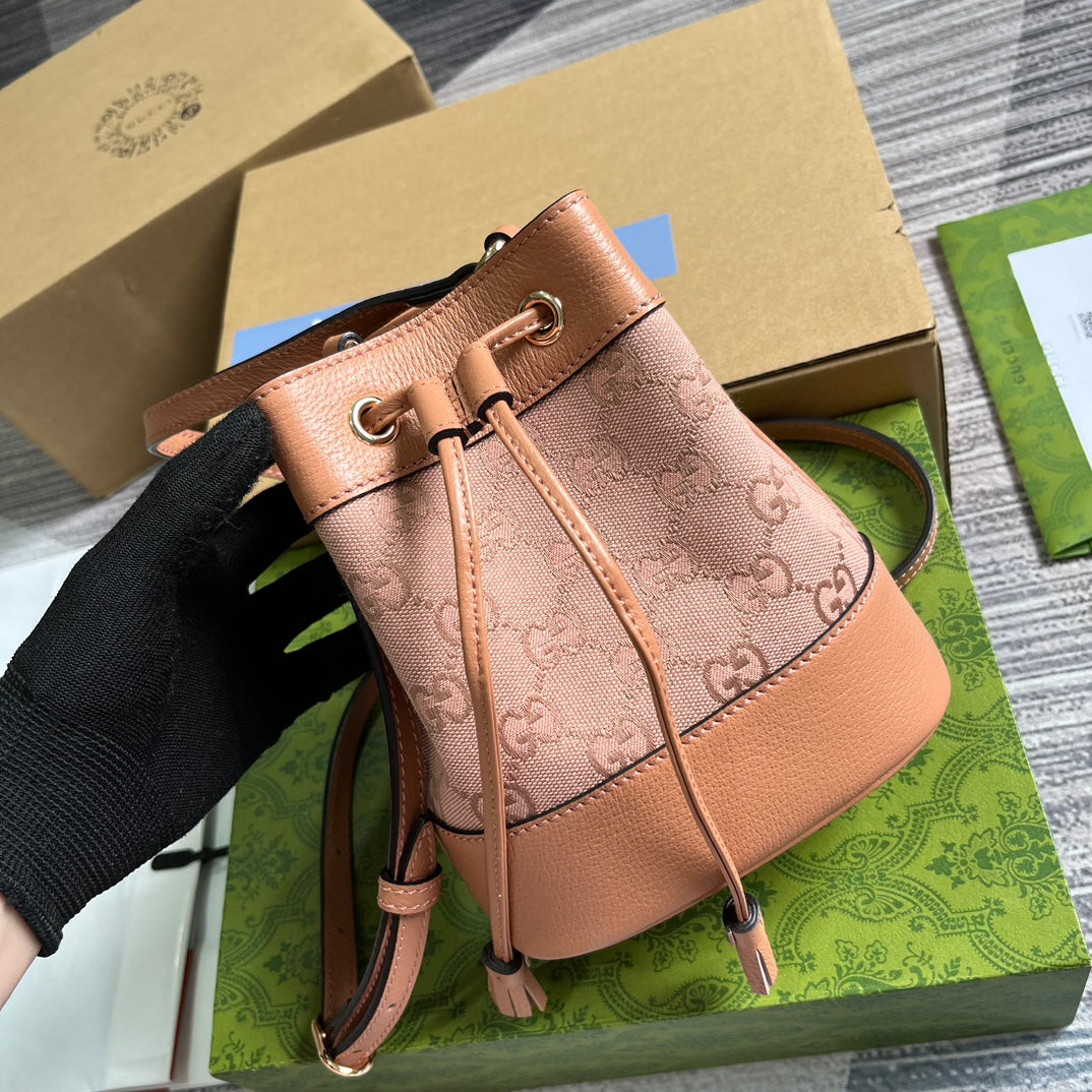 SAC SEAU GG OPHIDIA MINI 19 EN TOILE ET CUIR DE VEAU ROSE CLAIR