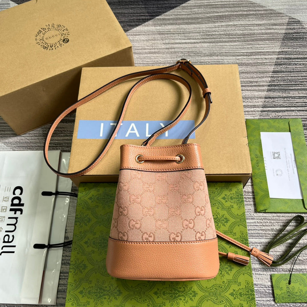 SAC SEAU GG OPHIDIA MINI 19 EN TOILE ET CUIR DE VEAU ROSE CLAIR