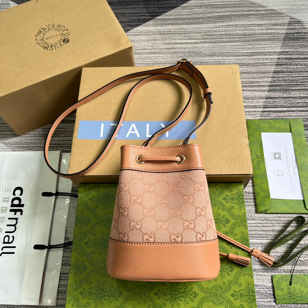 SAC SEAU GG OPHIDIA MINI 19 EN TOILE ET CUIR DE VEAU ROSE CLAIR