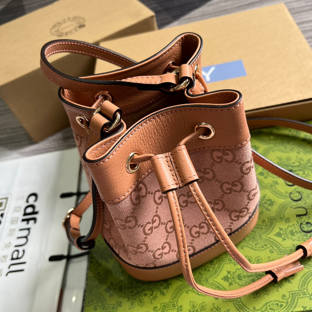 SAC SEAU GG OPHIDIA MINI 19 EN TOILE ET CUIR DE VEAU ROSE CLAIR