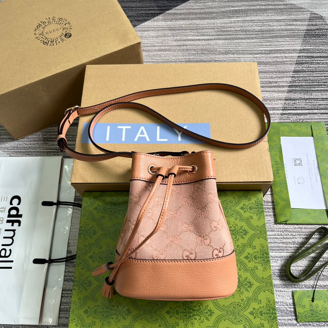 SAC SEAU GG OPHIDIA MINI 19 EN TOILE ET CUIR DE VEAU ROSE CLAIR