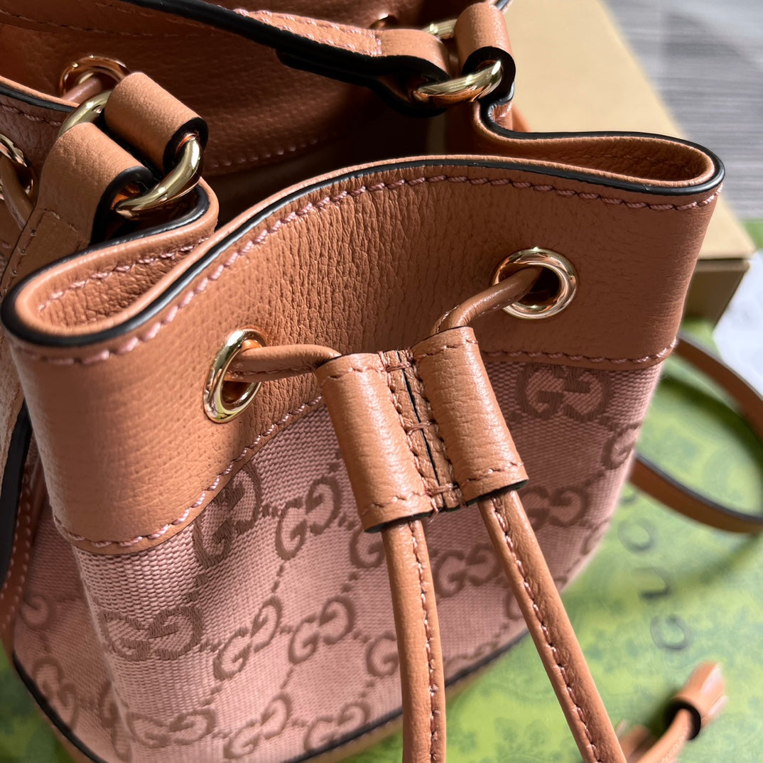 SAC SEAU GG OPHIDIA MINI 19 EN TOILE ET CUIR DE VEAU ROSE CLAIR
