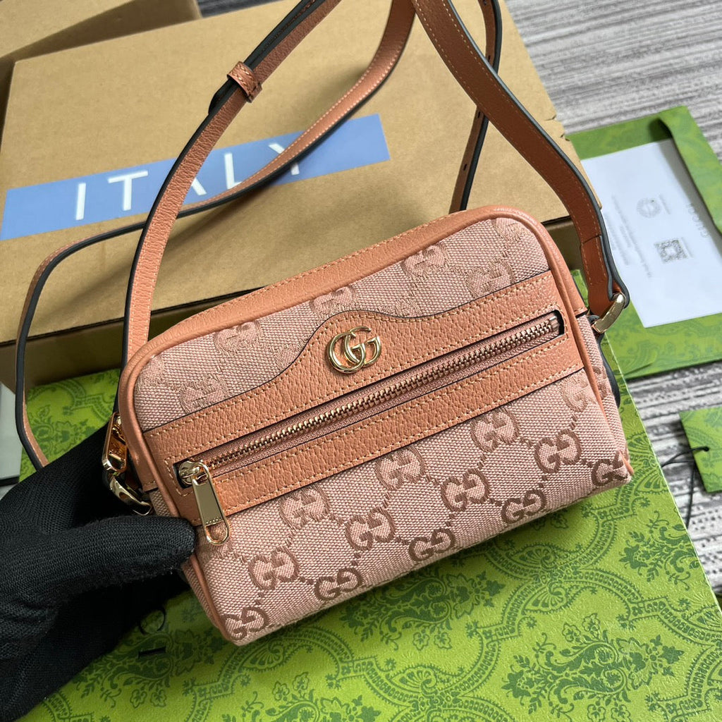 SAC OPHIDIA GG MINI 17 EN TOILE ROSE CLAIR ET CUIR DE VEAU