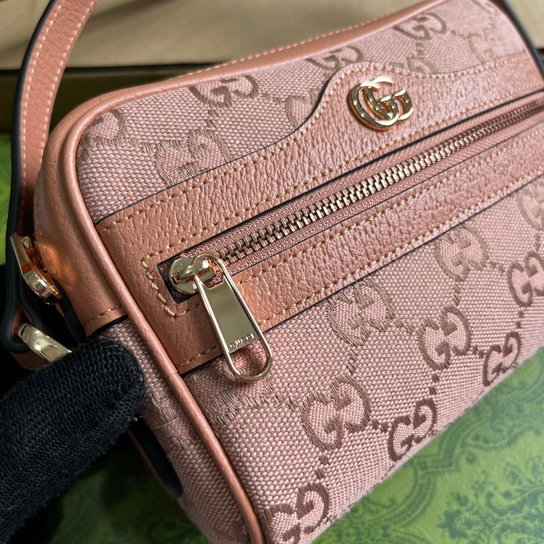 SAC OPHIDIA GG MINI 17 EN TOILE ROSE CLAIR ET CUIR DE VEAU