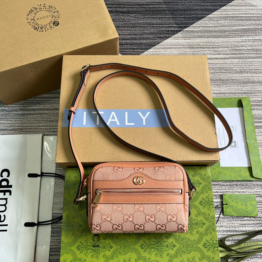 SAC OPHIDIA GG MINI 17 EN TOILE ROSE CLAIR ET CUIR DE VEAU