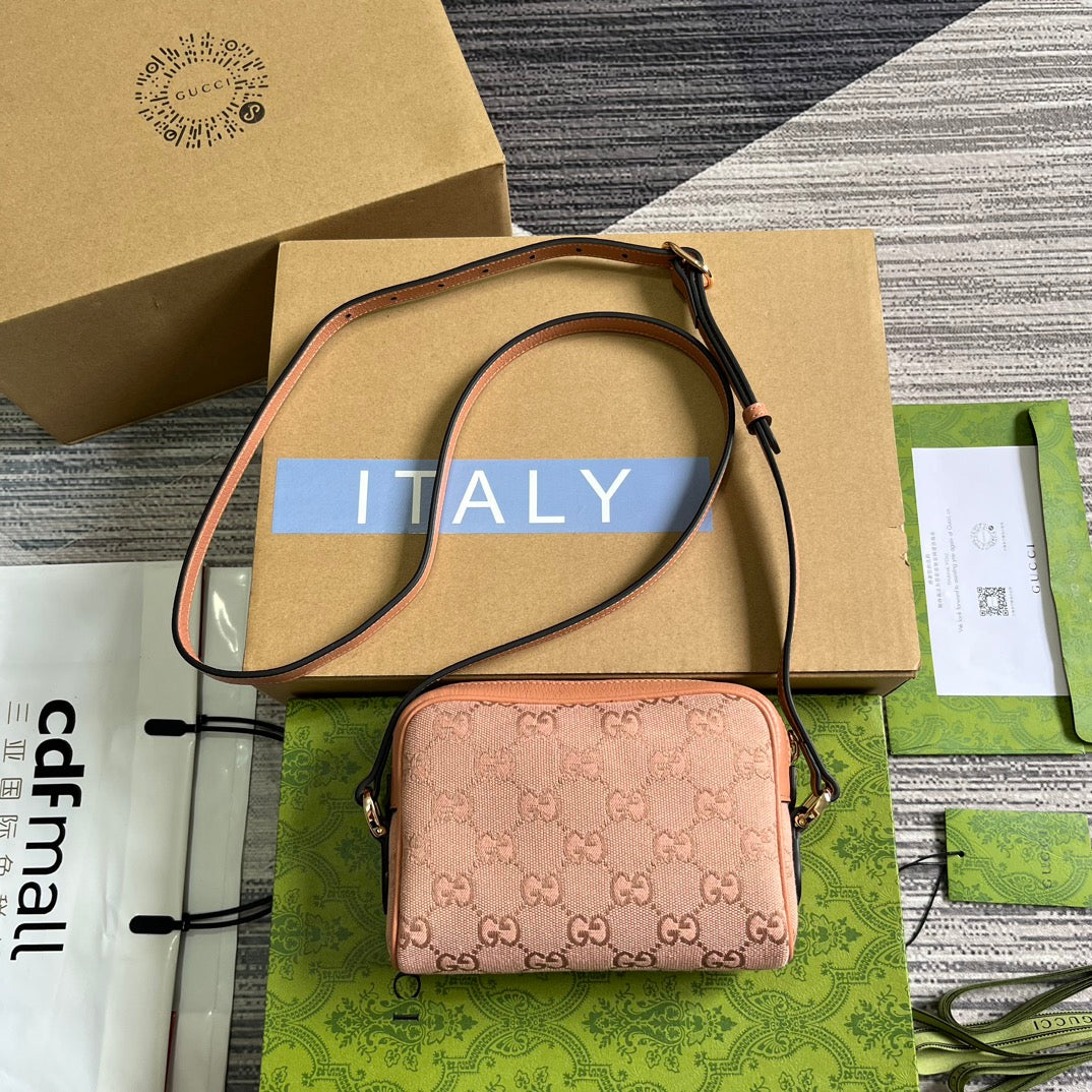 SAC OPHIDIA GG MINI 17 EN TOILE ROSE CLAIR ET CUIR DE VEAU
