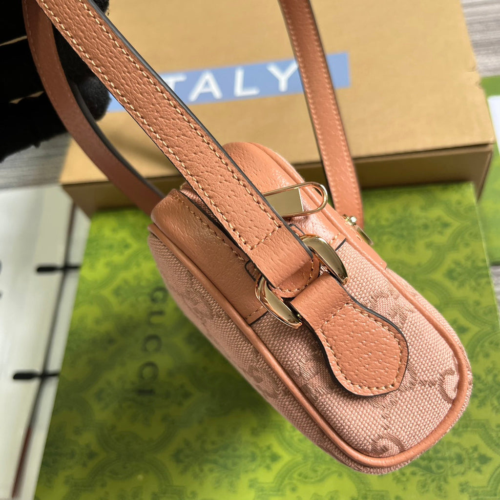 SAC OPHIDIA GG MINI 17 EN TOILE ROSE CLAIR ET CUIR DE VEAU