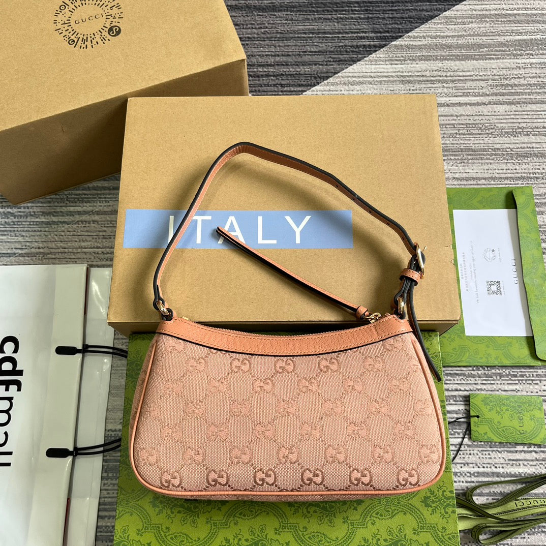 SAC À MAIN OPHIDIA GG SMALL 25 EN TOILE ROSE CLAIR ET CUIR DE VEAU