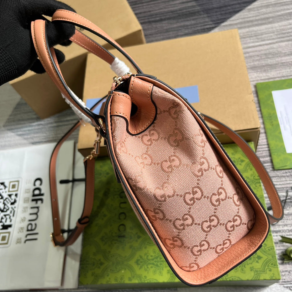 Petit sac cabas GG Ophidia 24 en toile rose poudré et cuir de veau