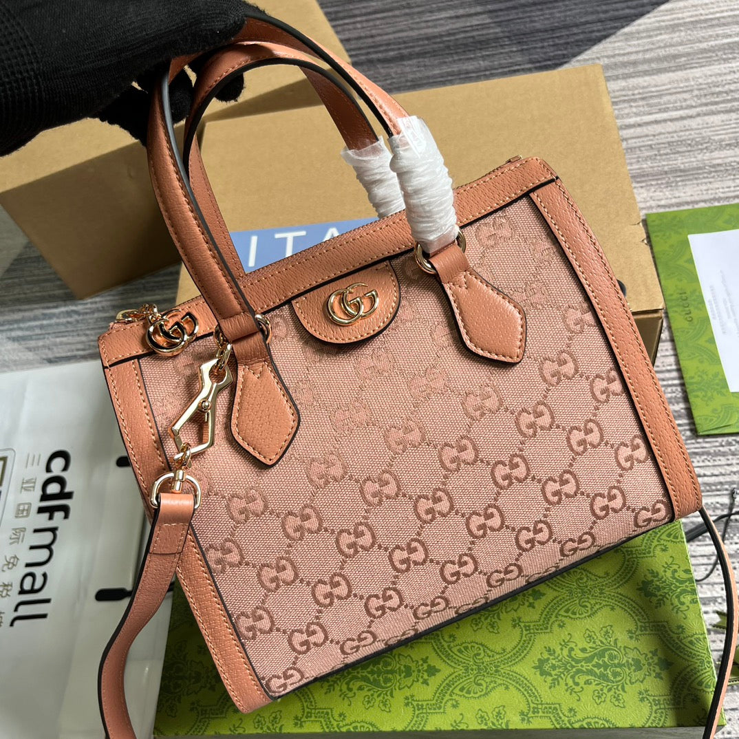 Petit sac cabas GG Ophidia 24 en toile rose poudré et cuir de veau