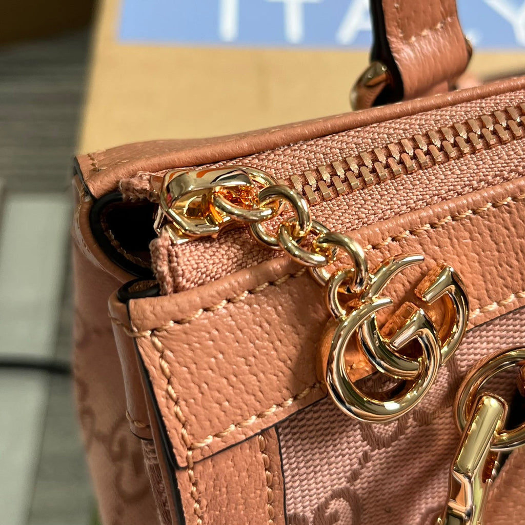 Petit sac cabas GG Ophidia 24 en toile rose poudré et cuir de veau