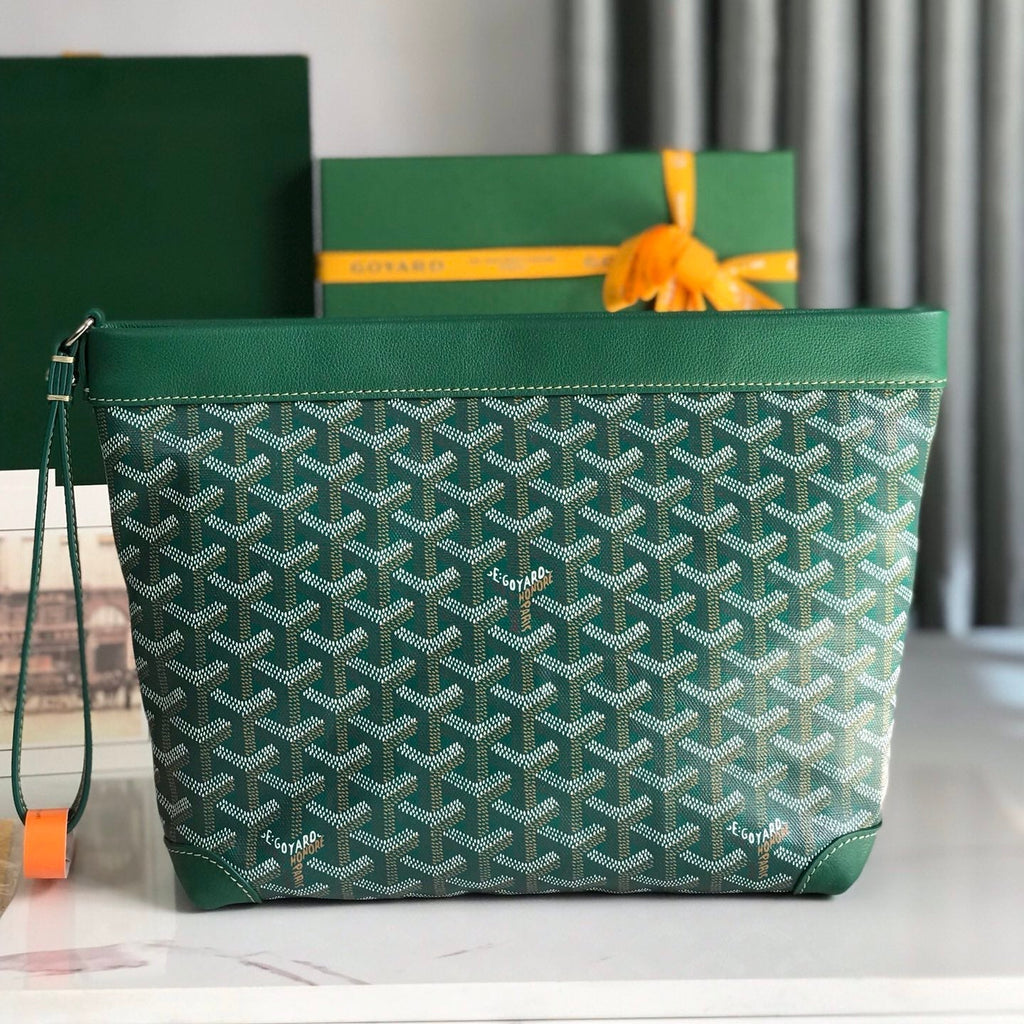 POCHETTE CONTI 24 EN CUIR D'AGNEAU VERT ET TOILE GOYARDINE