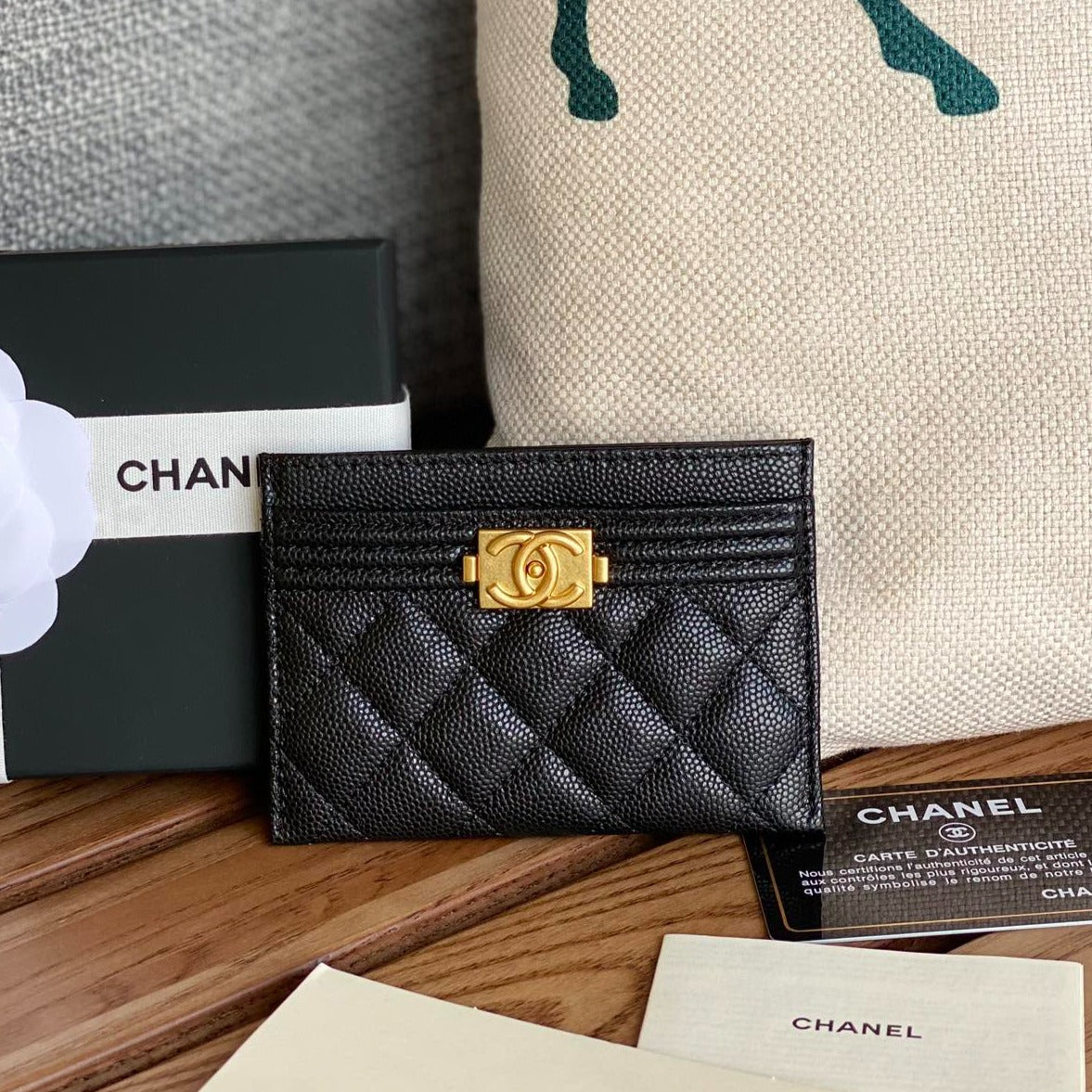 CC BOY 11CM CARD HOLDER BLACK CAVIAR GOLD HARDWARE