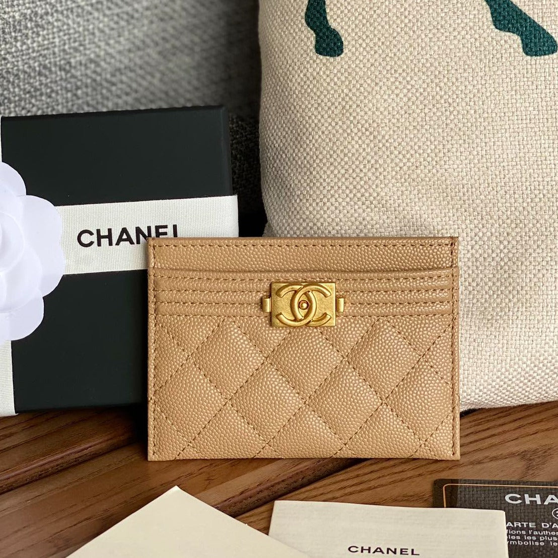 CC BOY 11CM CARD HOLDER BEIGE CAVIAR GOLD HARDWARE