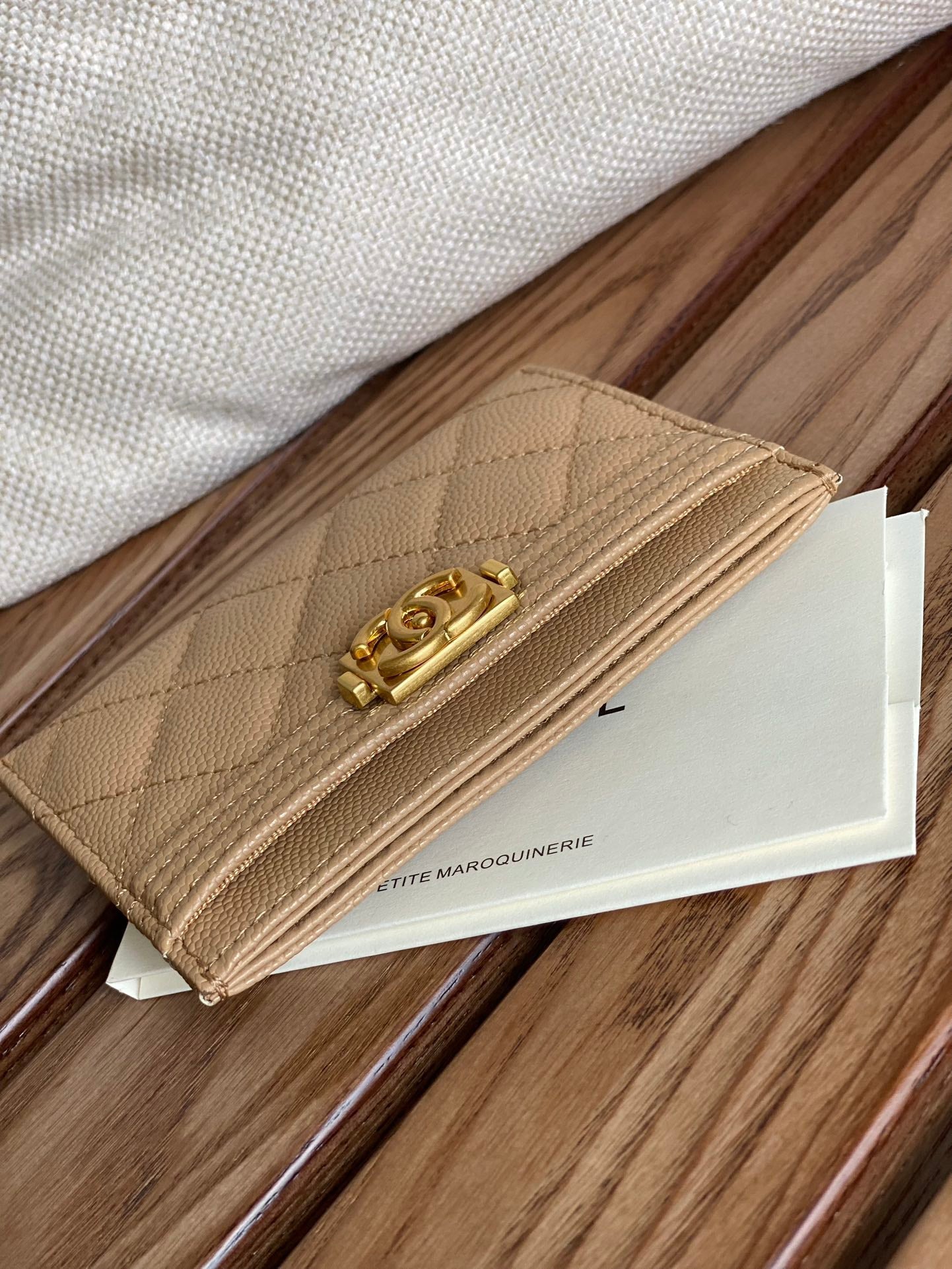 CC BOY 11CM CARD HOLDER BEIGE CAVIAR GOLD HARDWARE