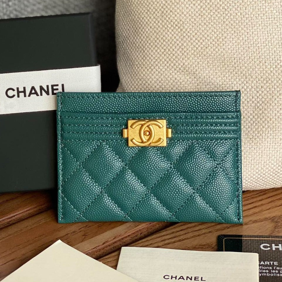 CC BOY 11CM CARD HOLDER DARK GREEN CAVIAR GOLD HARDWARE