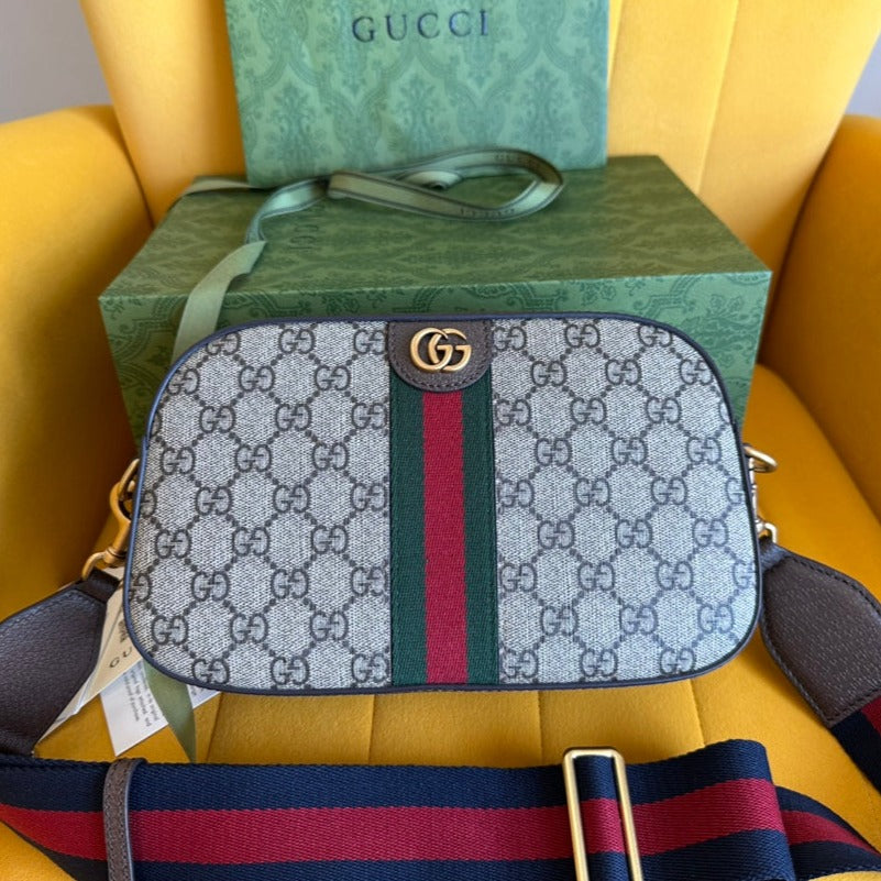 GG OPHIDIA SMALL 24 EN TOILE BEIGE ET CUIR DE VEAU MARRON