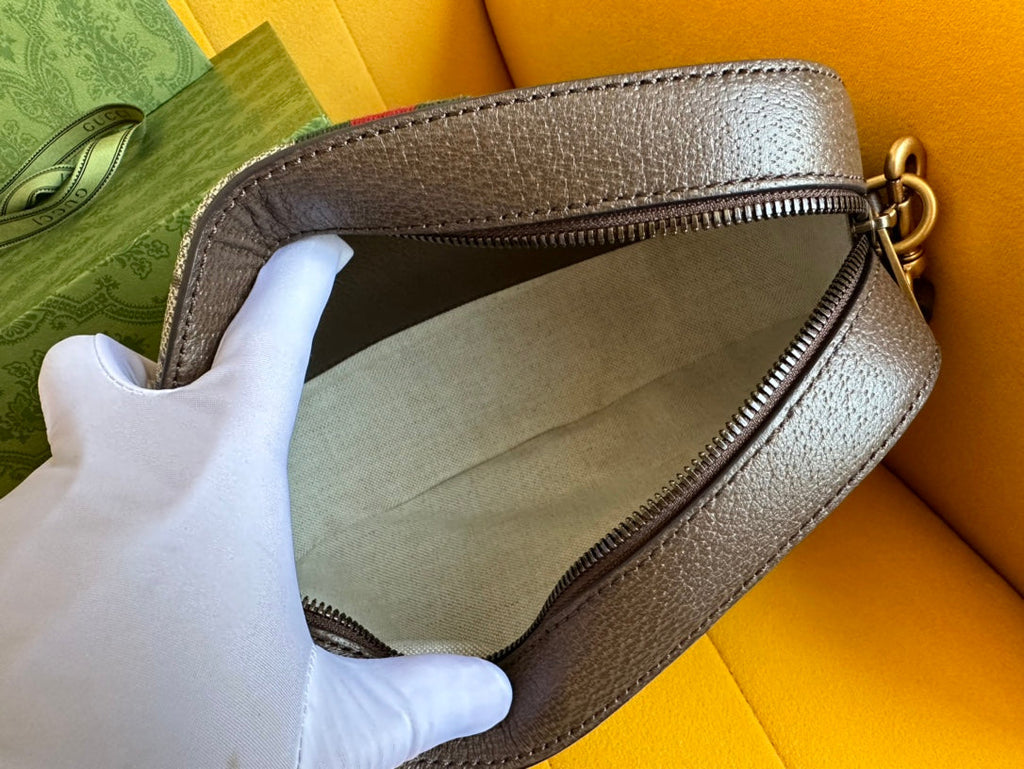 GG OPHIDIA SMALL 24 EN TOILE BEIGE ET CUIR DE VEAU MARRON