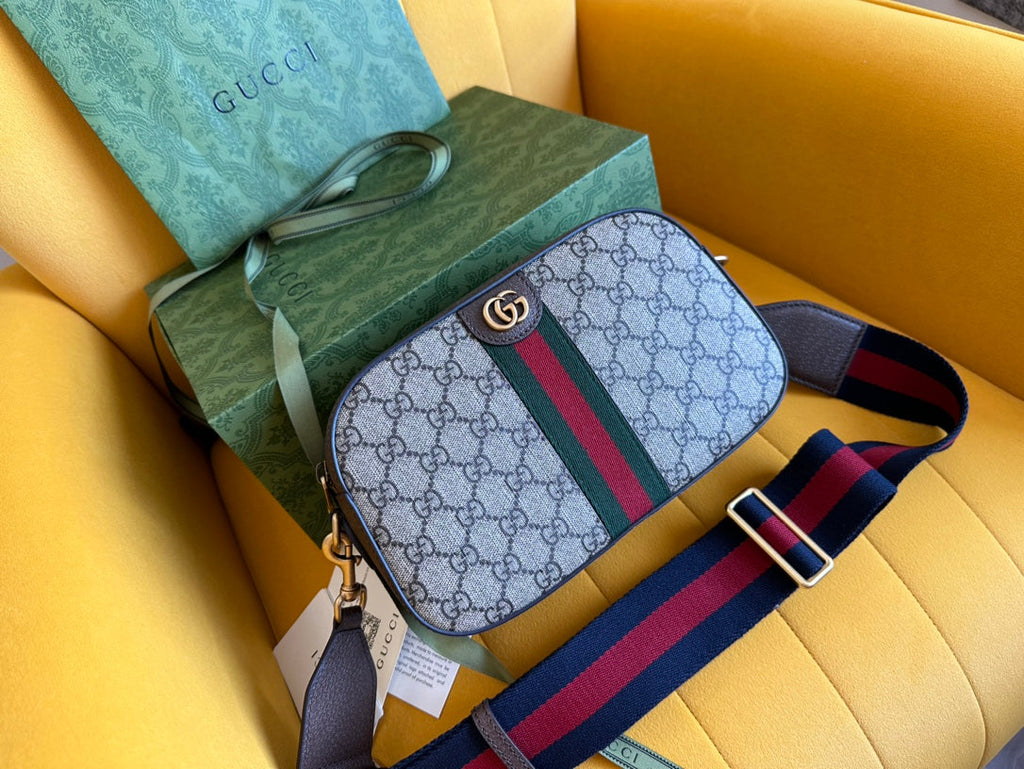 GG OPHIDIA SMALL 24 EN TOILE BEIGE ET CUIR DE VEAU MARRON