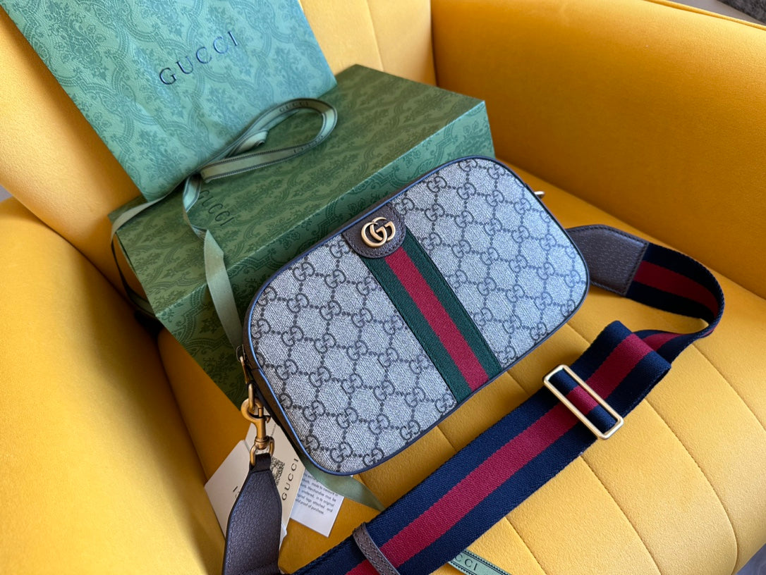 GG OPHIDIA SMALL 24 EN TOILE BEIGE ET CUIR DE VEAU MARRON