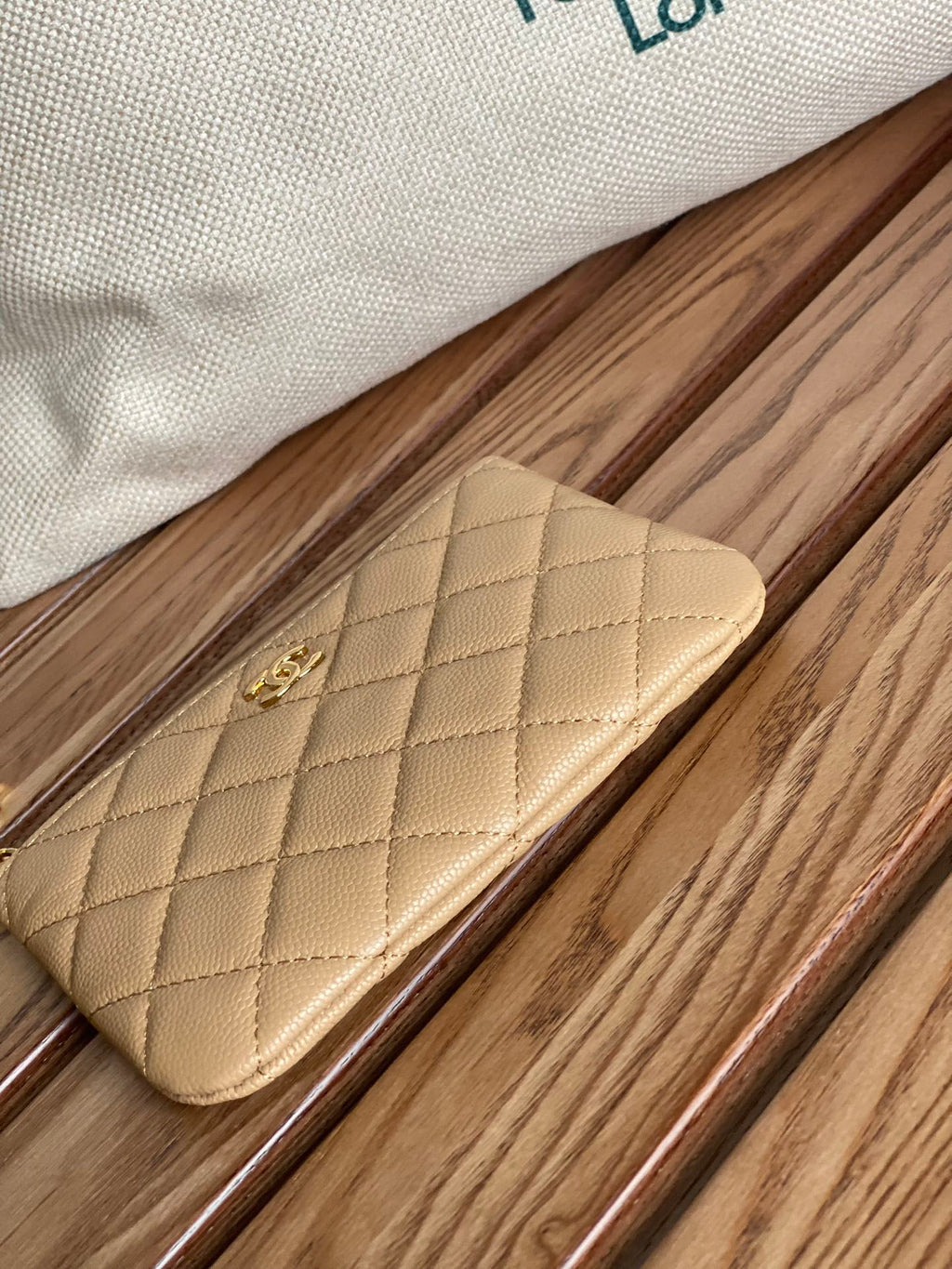 CC ZIPPED WALLET 14CM BEIGE CAVIAR GOLD HARDWARE