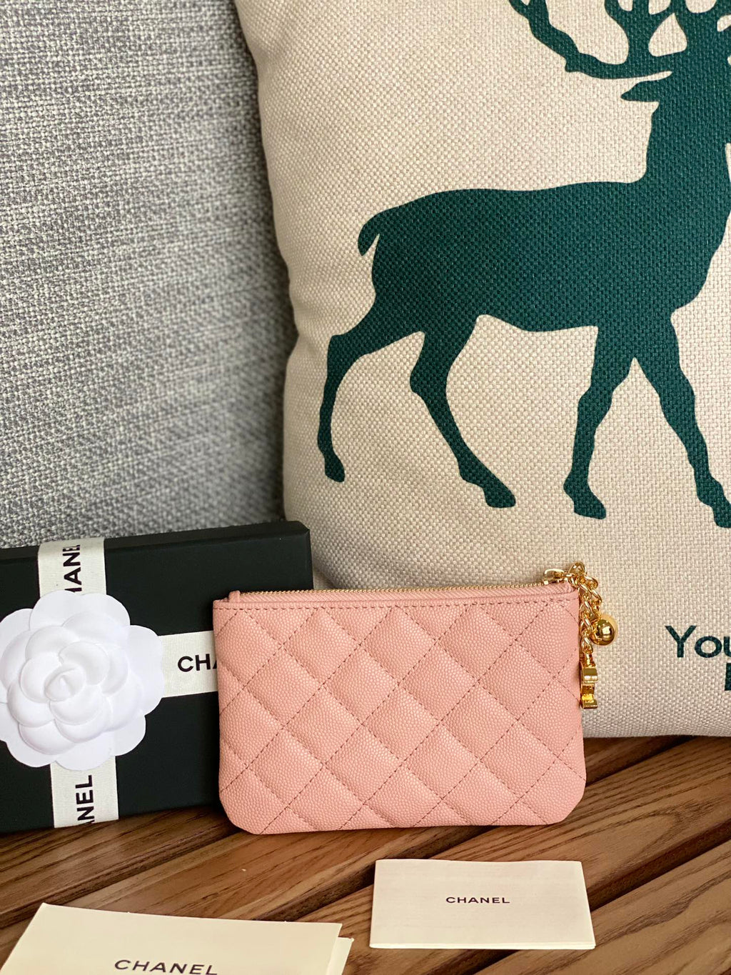 CC ZIPPED WALLET 14CM LIGHT PINK CAVIAR GOLD HARDWARE