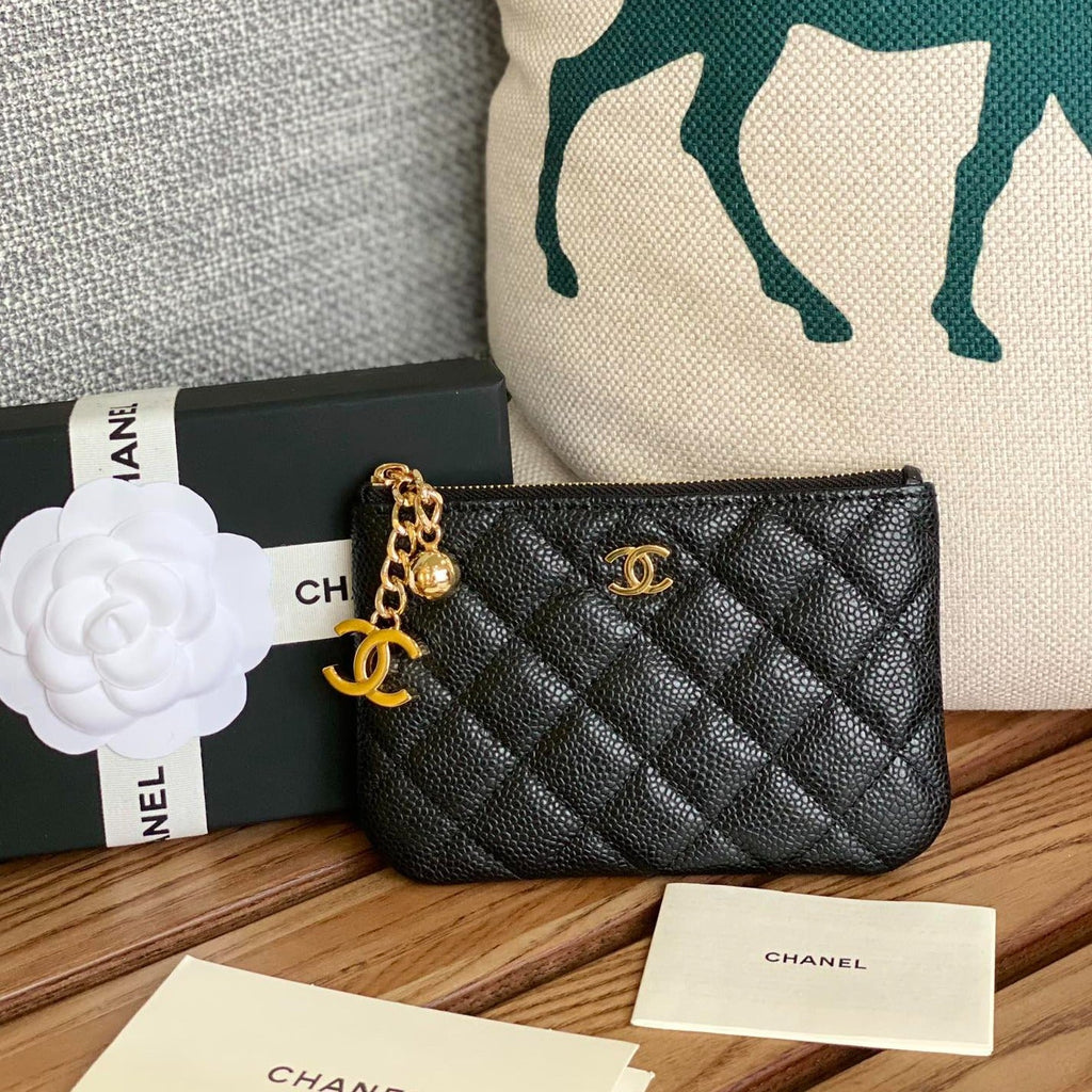 CC ZIPPED WALLET 14CM BLACK CAVIAR GOLD HARDWARE