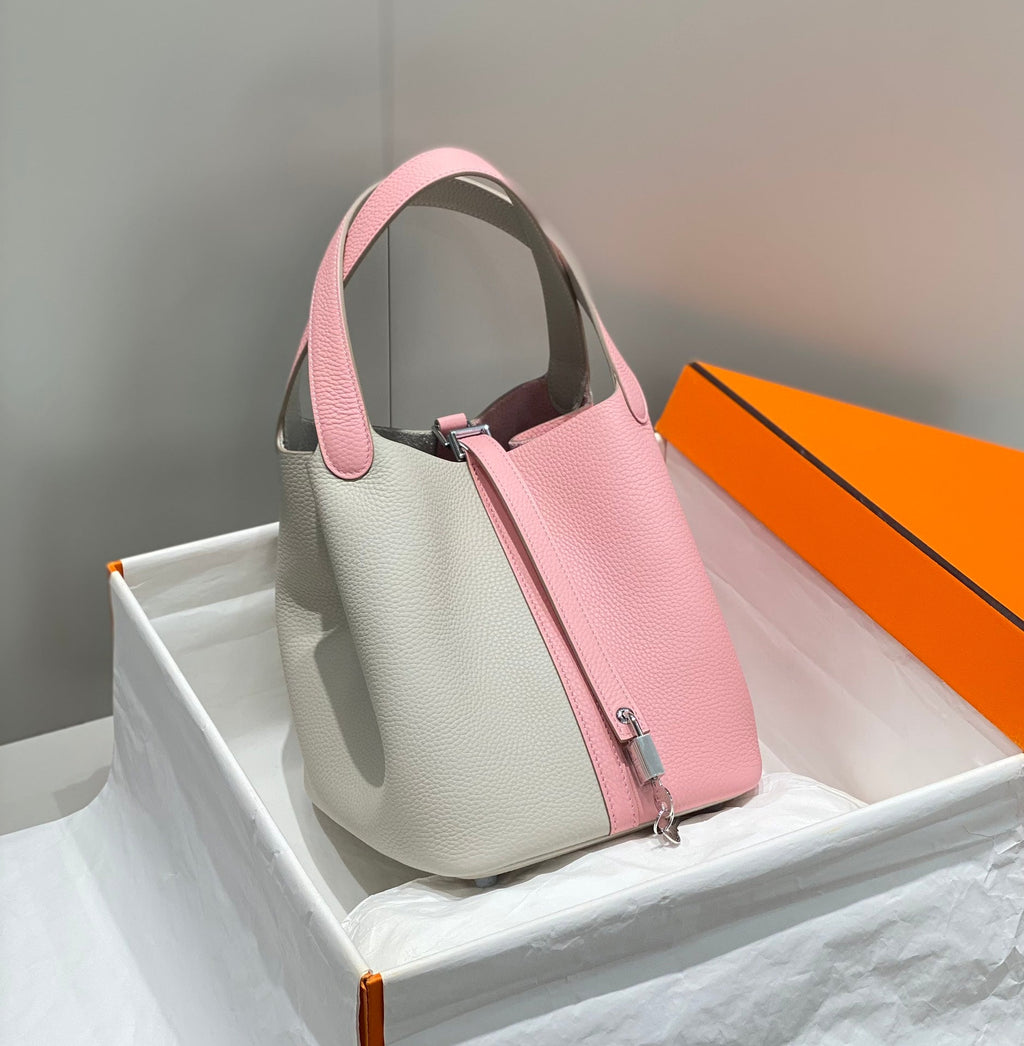 HM PICOTIN LOCK 22 CUIR TOGO CRÈME ET ROSE