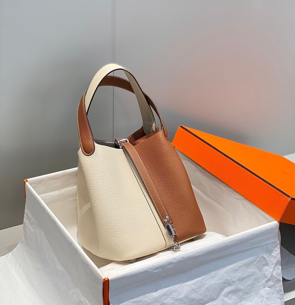 HM PICOTIN LOCK 22 CUIR TOGO ET CUIR DE VEAU BLANC