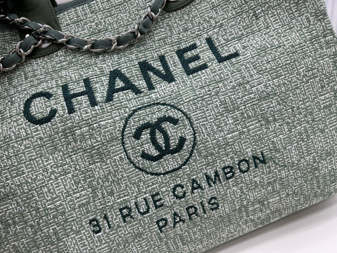 CC DEAUVILLE TWEED BAG GREEN LEATHER SILVER HARDWARE 7