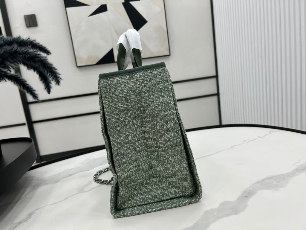 CC DEAUVILLE TWEED BAG GREEN LEATHER SILVER HARDWARE 7