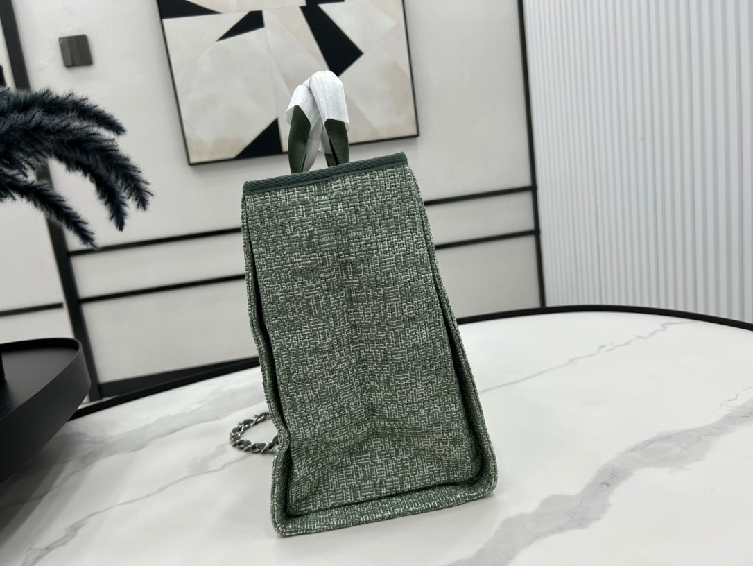 CC DEAUVILLE TWEED BAG GREEN LEATHER SILVER HARDWARE 7