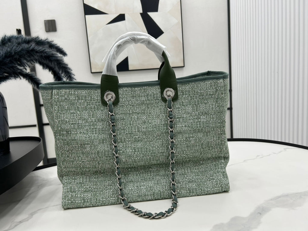 CC DEAUVILLE TWEED BAG GREEN LEATHER SILVER HARDWARE 7
