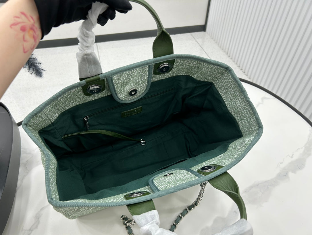 CC DEAUVILLE TWEED BAG GREEN LEATHER SILVER HARDWARE 7