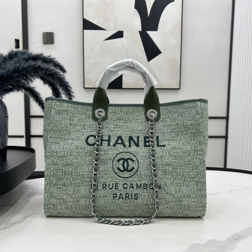 CC DEAUVILLE TWEED BAG GREEN LEATHER SILVER HARDWARE 7