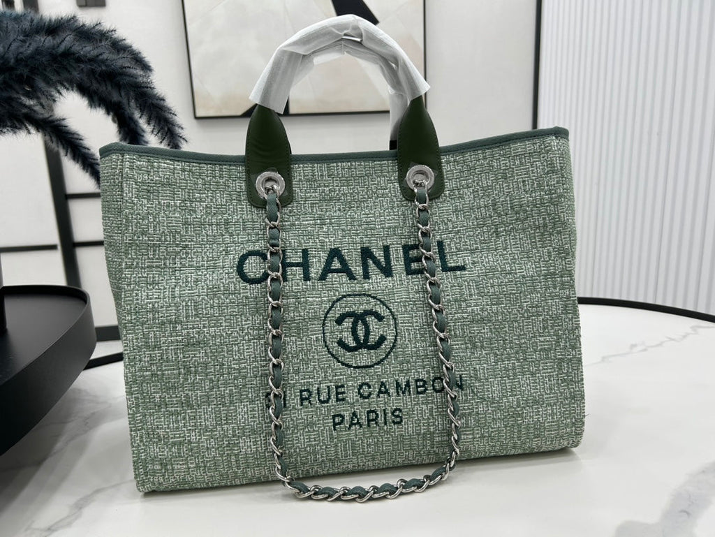 CC DEAUVILLE TWEED BAG GREEN LEATHER SILVER HARDWARE 7