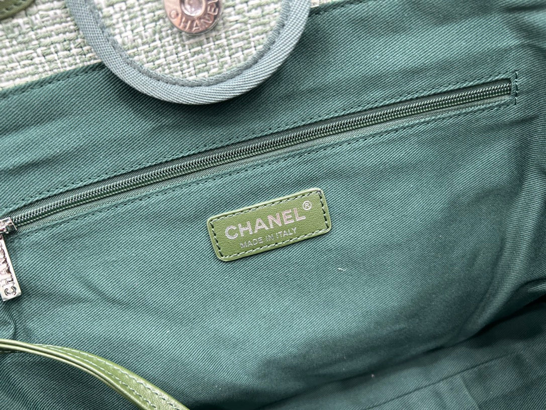 CC DEAUVILLE TWEED BAG GREEN LEATHER SILVER HARDWARE 7