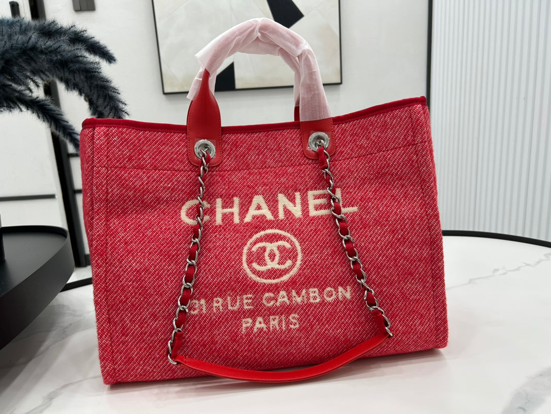 CC DEAUVILLE TWEED BAG RED LEATHER SILVER HARDWARE 11