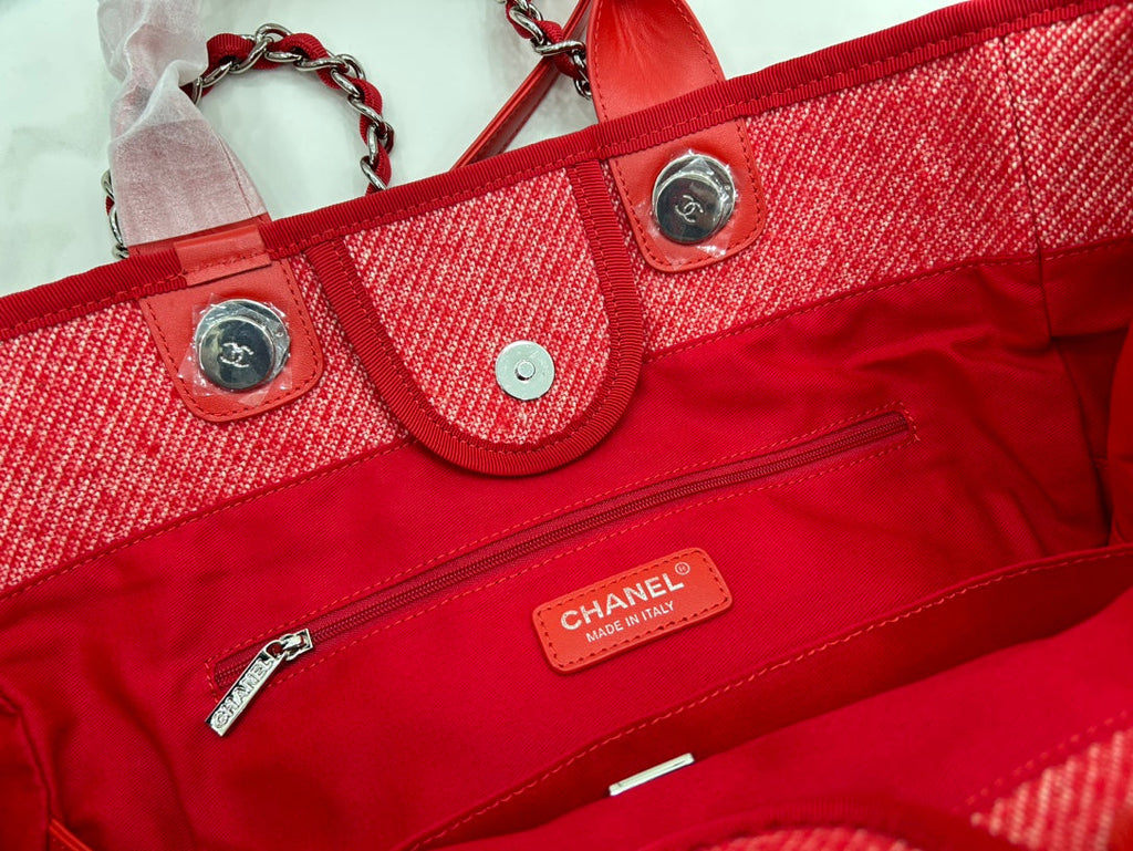 SAC CC DEAUVILLE EN TWEED CUIR ROUGE QUINCAILLERIE ARGENTÉE 11