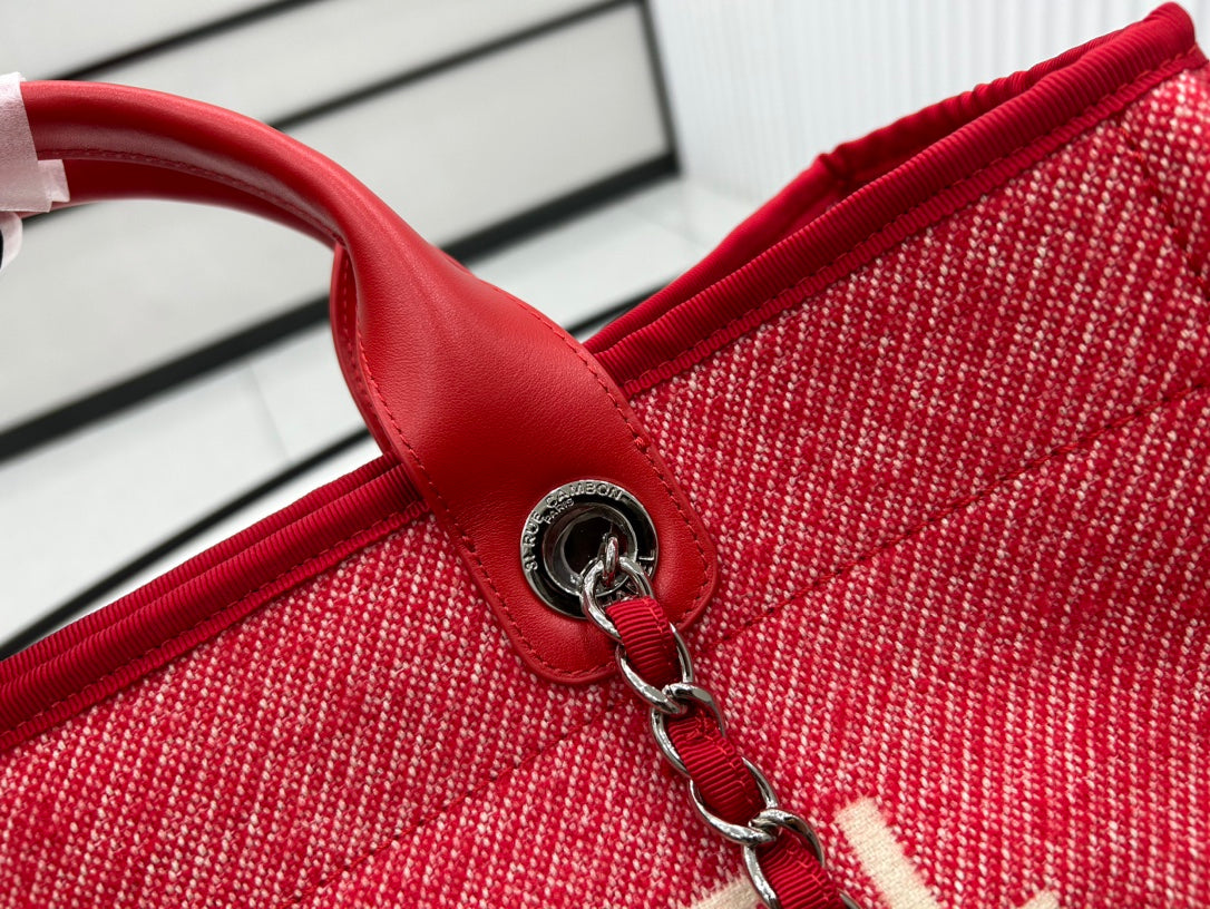 SAC CC DEAUVILLE EN TWEED CUIR ROUGE QUINCAILLERIE ARGENTÉE 11