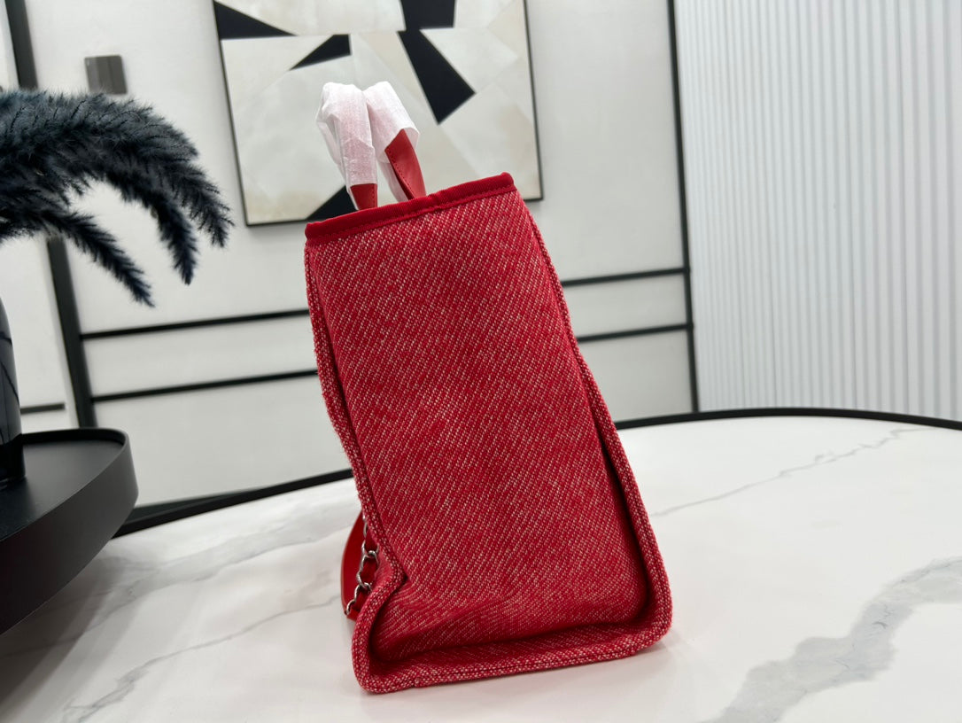 CC DEAUVILLE TWEED BAG RED LEATHER SILVER HARDWARE 11