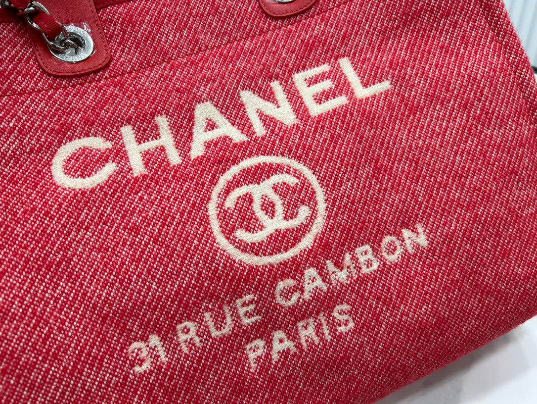 CC DEAUVILLE TWEED BAG RED LEATHER SILVER HARDWARE 11