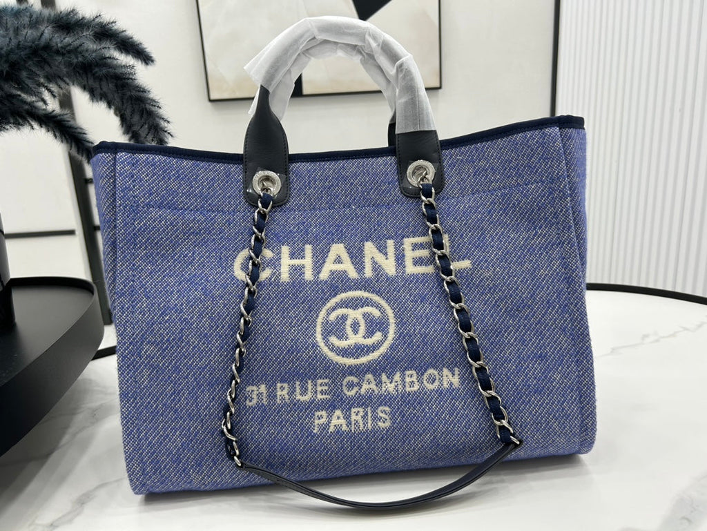 SAC CC DEAUVILLE EN TWEED CUIR NOIR QUINCAILLERIE ARGENTÉE 12