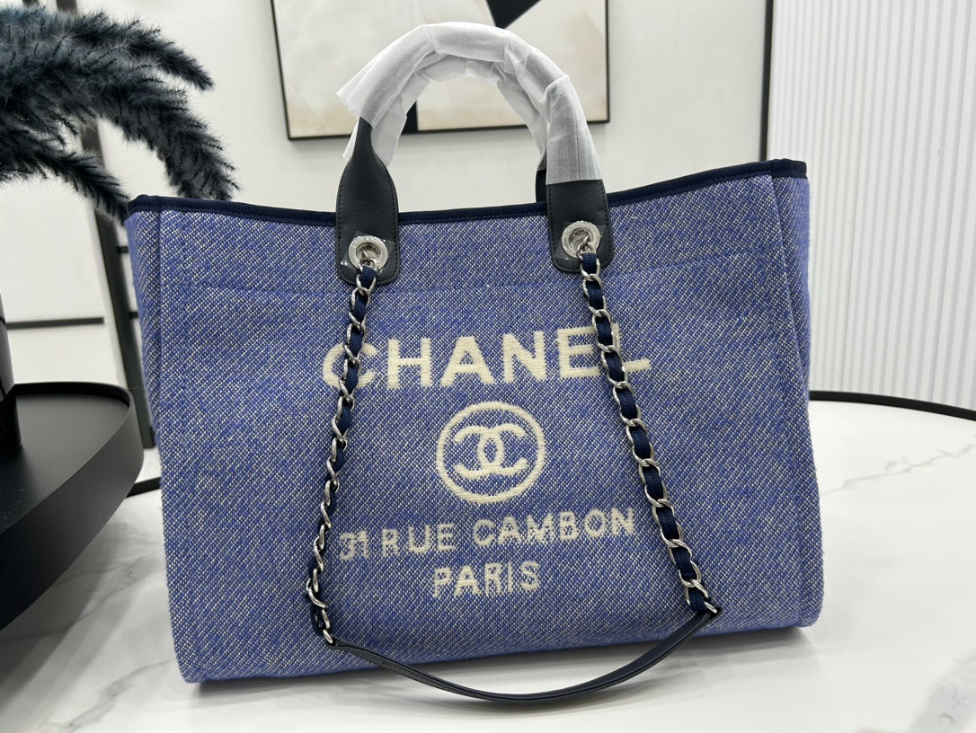 SAC CC DEAUVILLE EN TWEED CUIR NOIR QUINCAILLERIE ARGENTÉE 12
