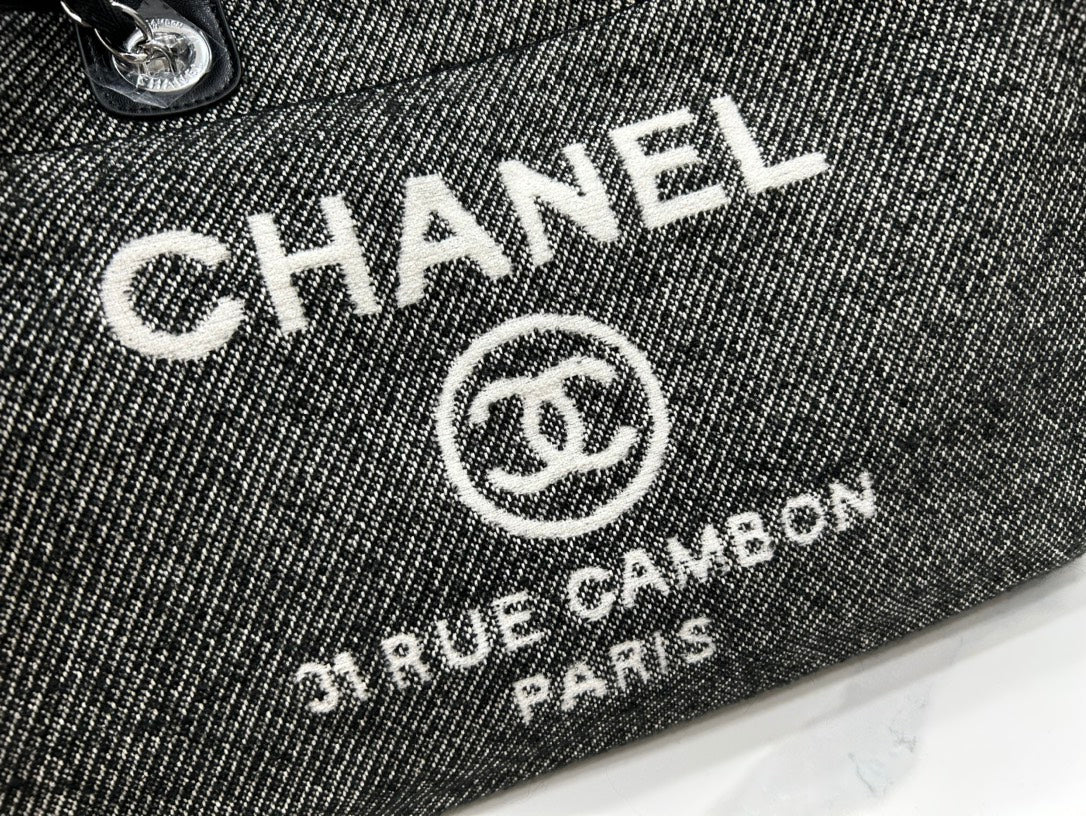 CC DEAUVILLE TWEED BAG BLACK LEATHER SILVER HARDWARE 14