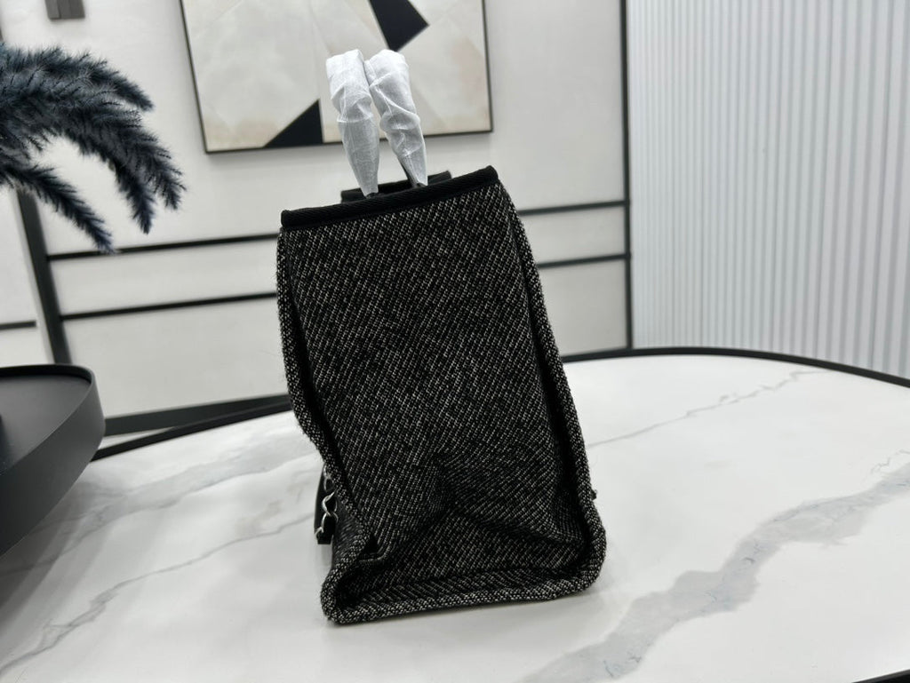 SAC CC DEAUVILLE EN TWEED CUIR NOIR QUINCAILLERIE ARGENTÉE 14